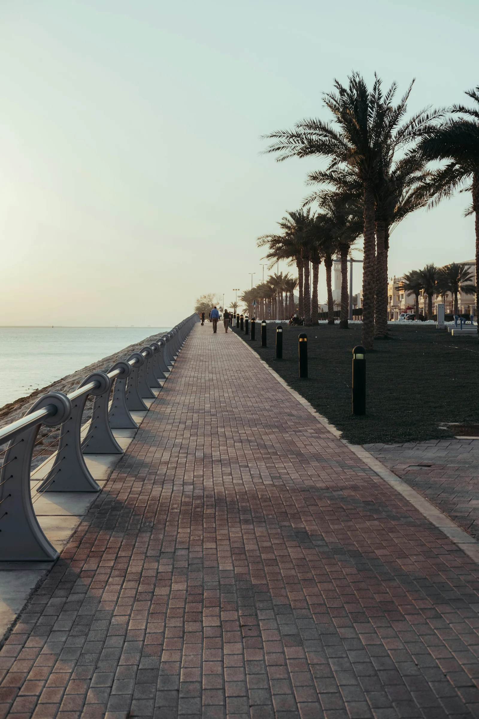 A paved waterfront promenade with a metal railing and palm trees receding into the distance