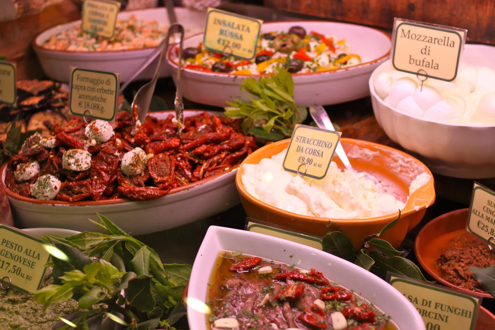 Bowls of prepared food on a stall at Florence’s Mercato Centrale